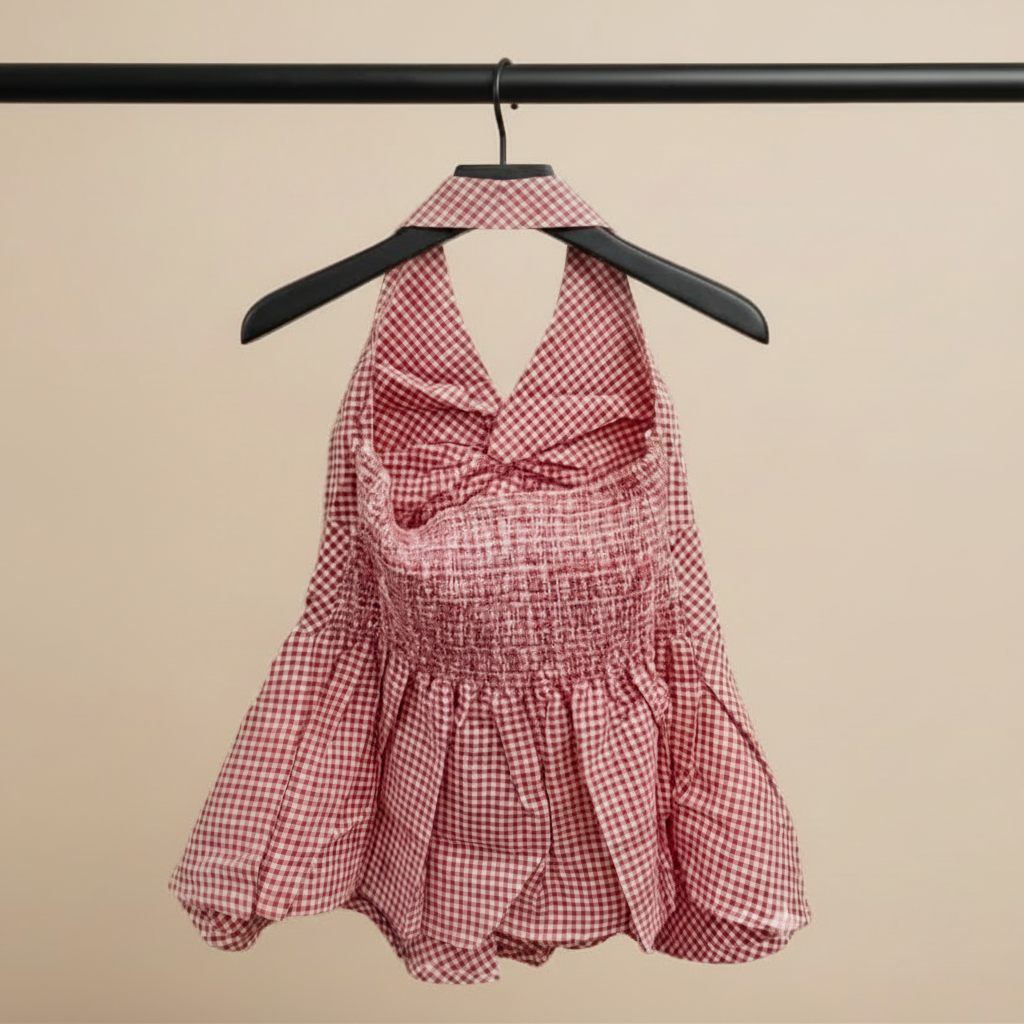 Women's Red & White Gingham Halter Neck Top with Bow Detail