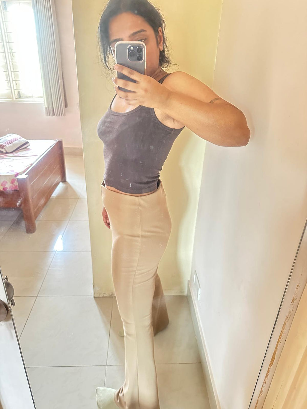 H&M Women's Beige Flared High-Waist Trousers