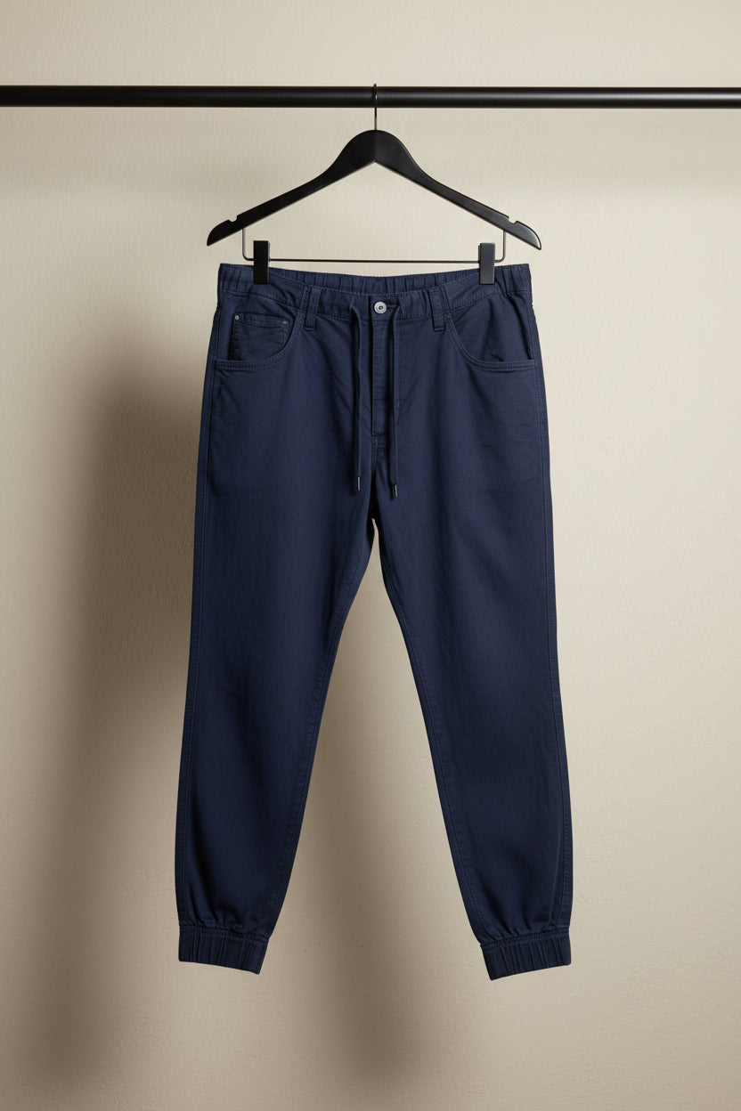 Dark navy blue tapered pants with a drawstring waist and elastic cuffs, hanging on a wooden hanger against a white fabric backdrop.