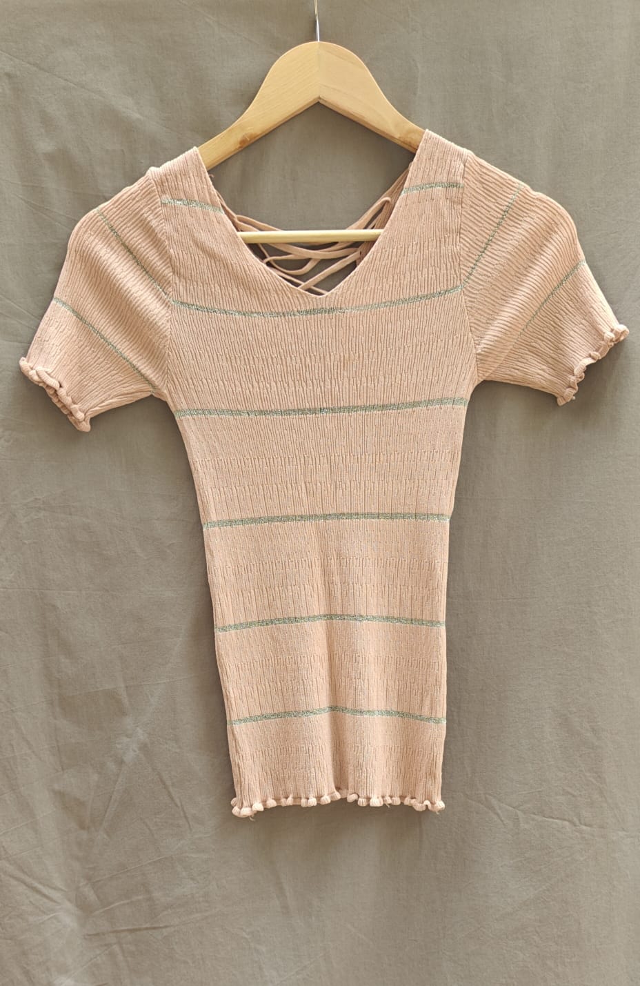 Women's Peach Ribbed Knit Criss-Cross Back Short Sleeve Top