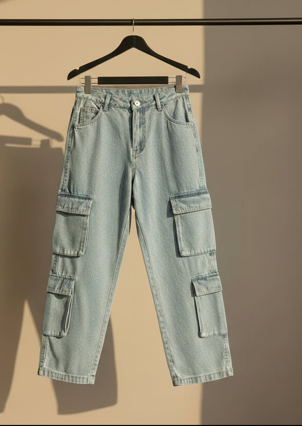 DIVIDED H&M Women's Light Blue Washed Denim Wide Leg Cargo Jeans