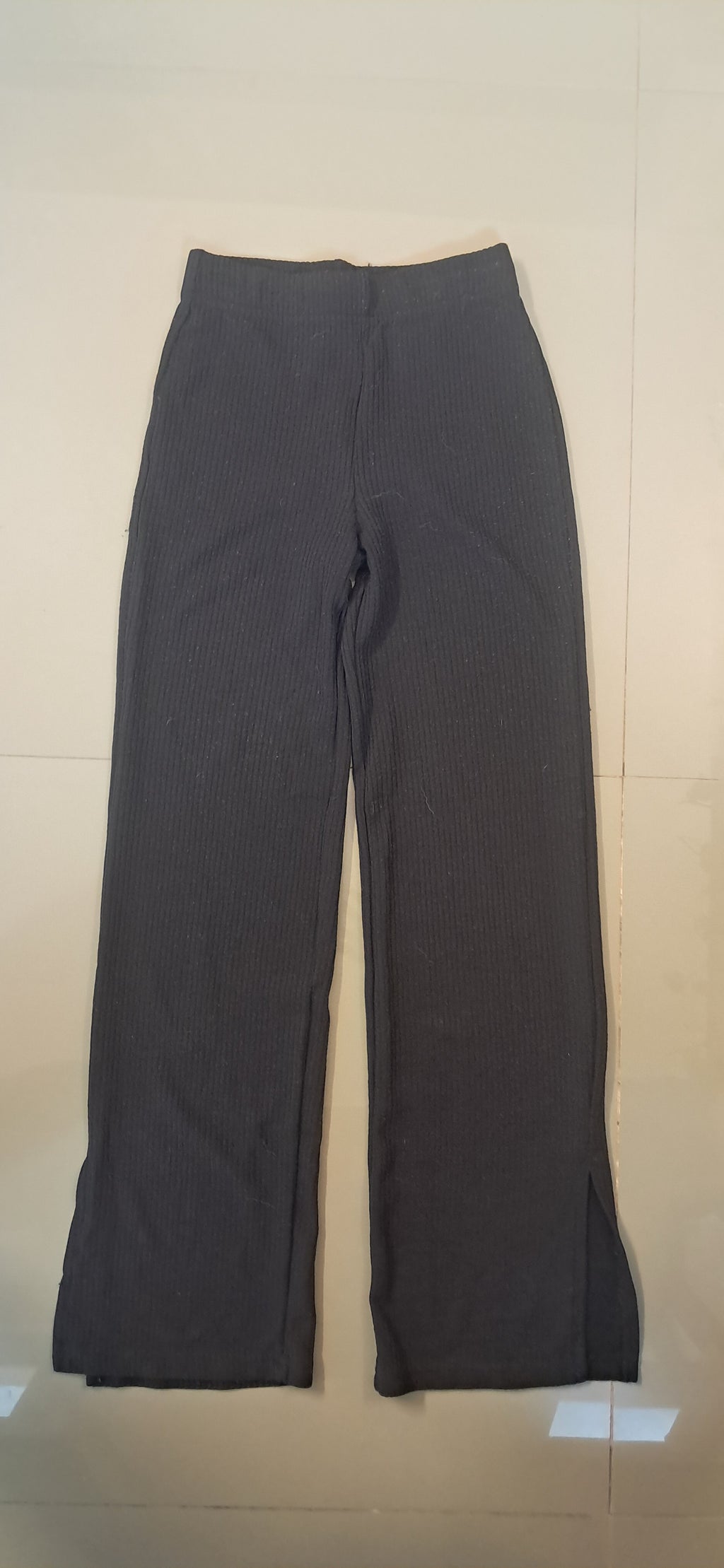 DIVIDED Women's Black Ribbed Wide Leg Trousers with Side Slits