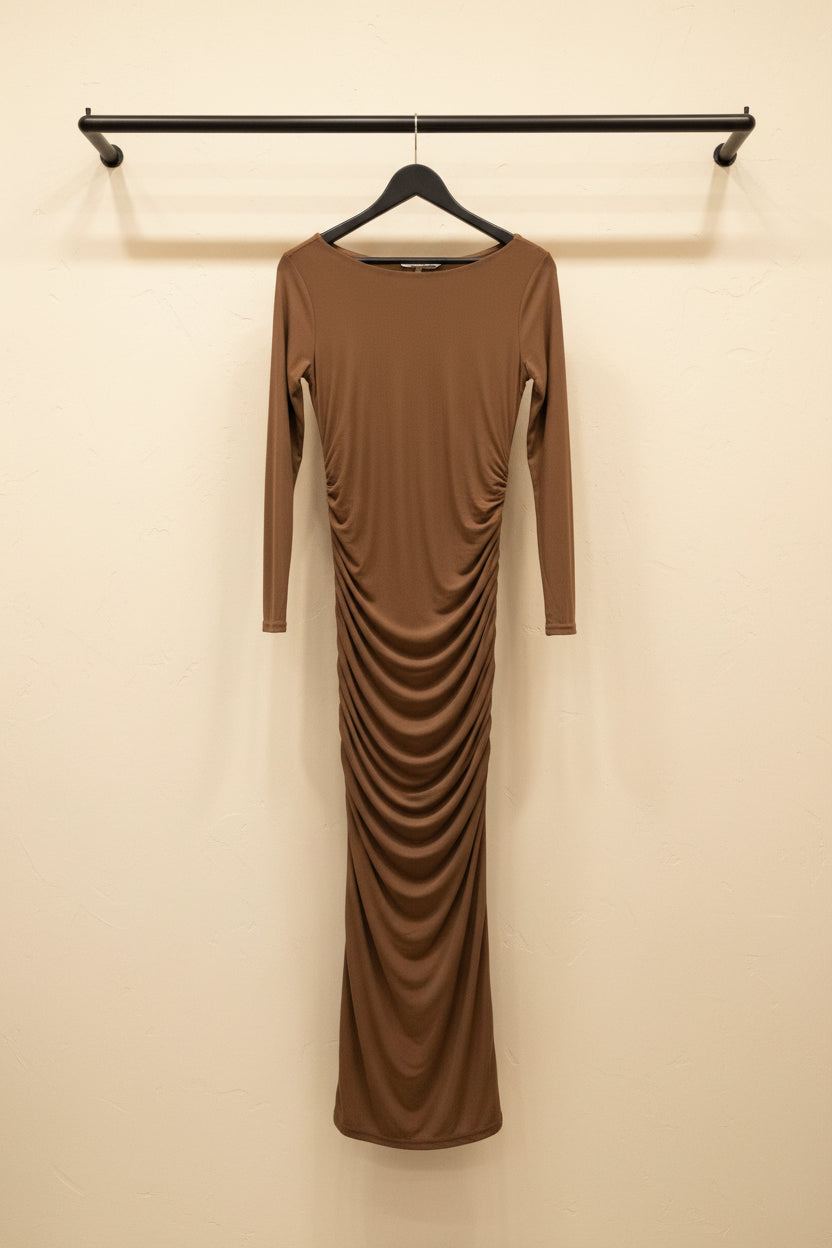 Brown Ruched Long Sleeve Maxi Dress by B+ VESTRY