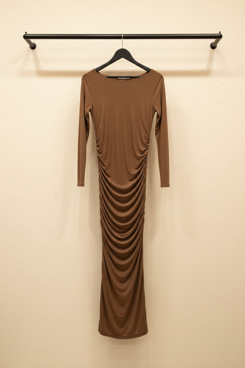 Brown Ruched Long Sleeve Maxi Dress by B+ VESTRY