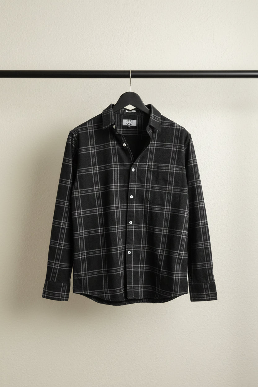 Men's Black Plaid Slim Fit Long Sleeve Casual Shirt