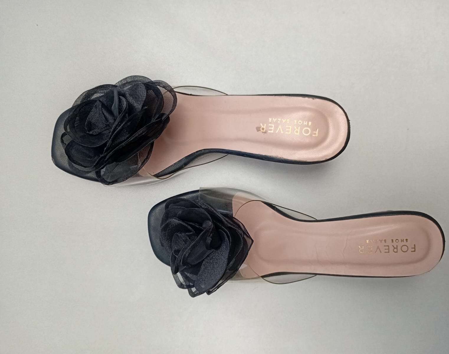 Women's Black Floral Transparent Block Heel Sandals