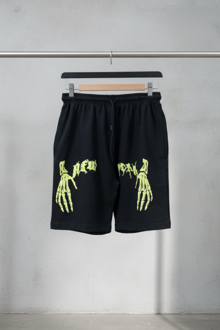 Black Graphic Skeleton Hand Drawstring Shorts