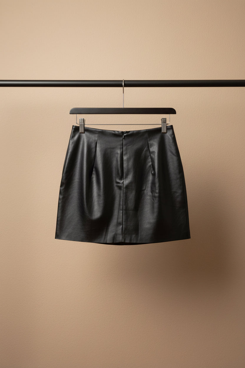 A black faux-leather mini skirt with a front zipper, hanging from a wooden hanger with metal clips against a light-colored fabric background.