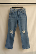 Women's Blue Distressed High-Waist Straight Leg Jeans