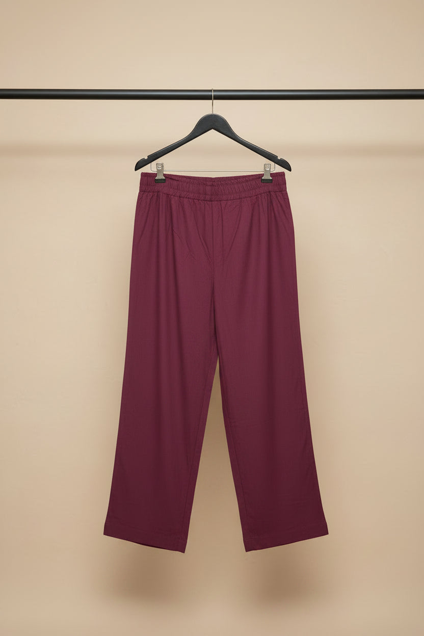 Women's Maroon Elastic Waist Straight Leg Trousers