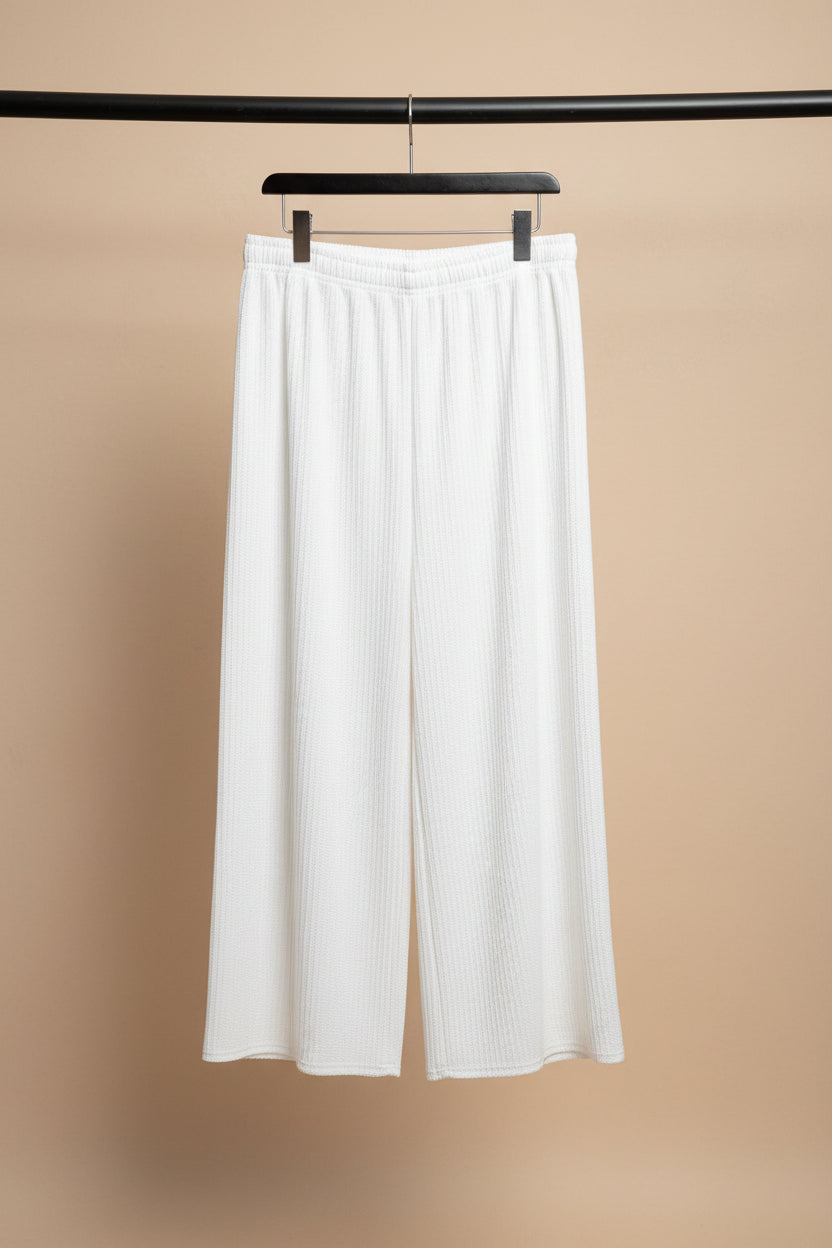 White Ribbed Knit Wide Leg Palazzo Pants with Drawstring Waist