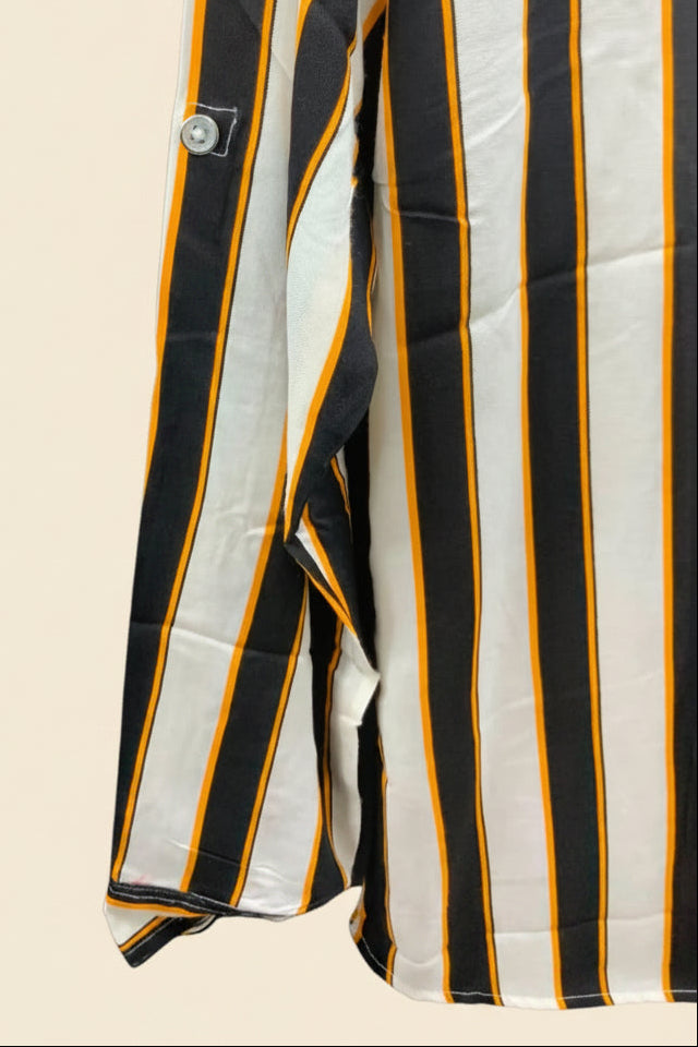tom tom Women's Black White Orange Striped Long Sleeve Button-Up Shirt