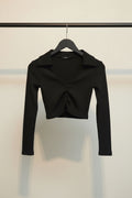 LILLEAGLE Women's Black Ribbed Long Sleeve Collared Crop Top