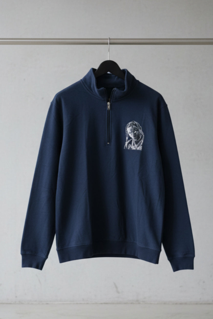 Navy Blue Quarter-Zip Sweatshirt with Graphic Print