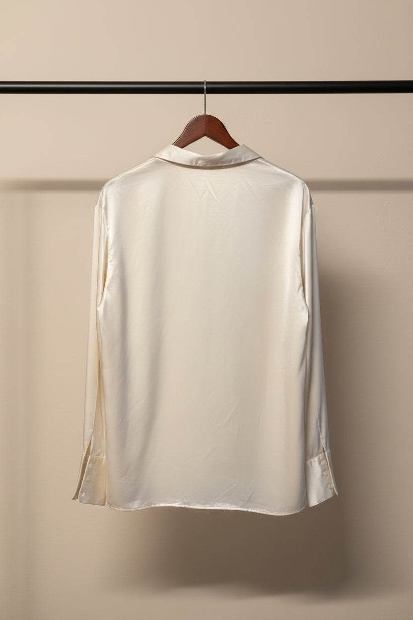 H&M Divided Women's Off-White Satin Long Sleeve Button-Up Shirt