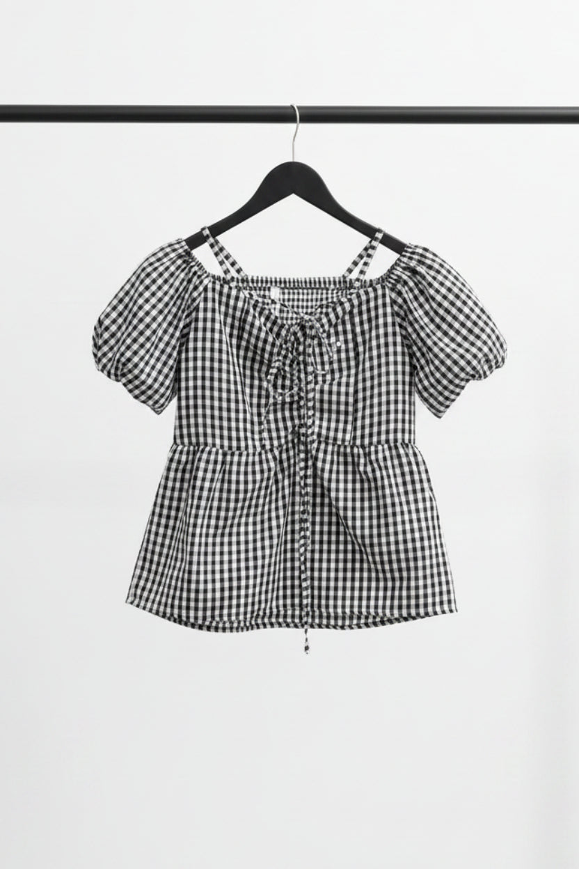 Women's Black & White Gingham Off-Shoulder Peplum Top
