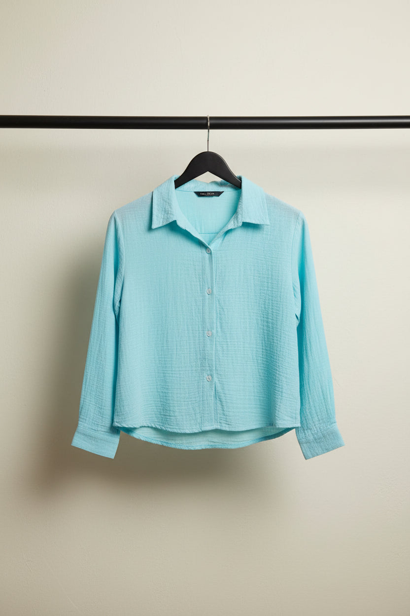 Women's Sky Blue Textured Long Sleeve Casual Shirt