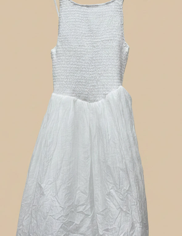 White Shirred Bodice Crinkle Maxi Dress