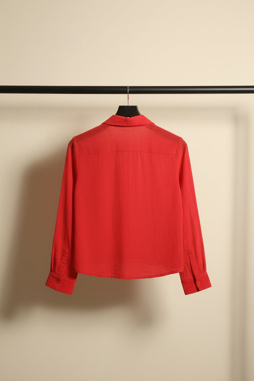 Red Long Sleeve Collared Button-Up Shirt