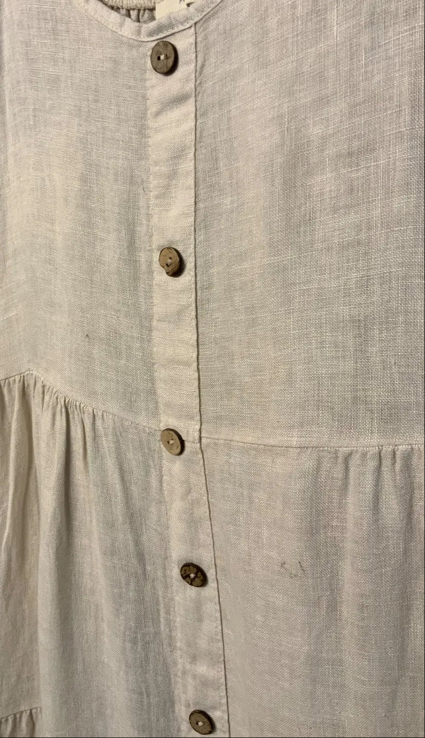 A close-up of a light beige linen dress or tunic with a button-down front, featuring brown buttons and a gathered waist seam, shown against a neutral gray background.