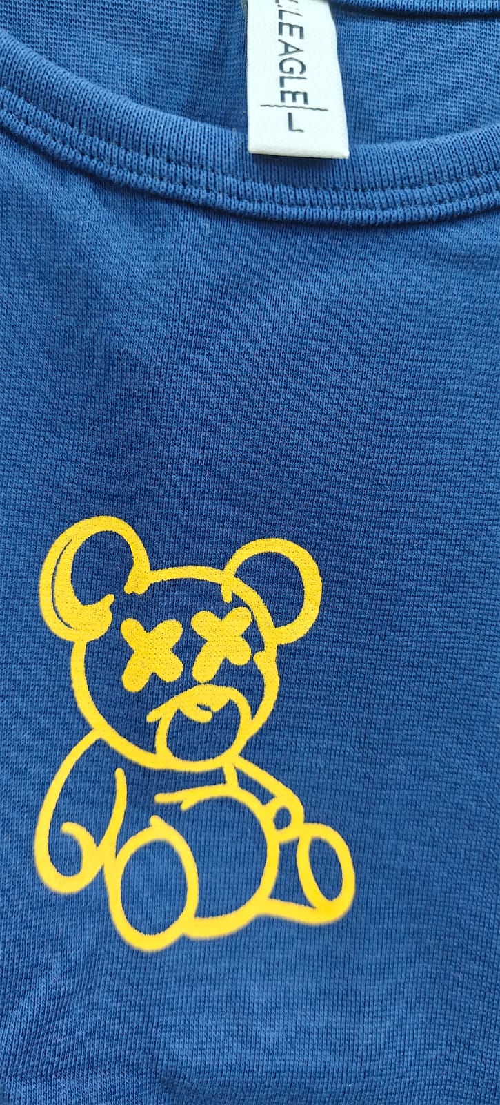 L.L.EAGLE Navy Blue Cropped Tank Top with Teddy Bear Graphic