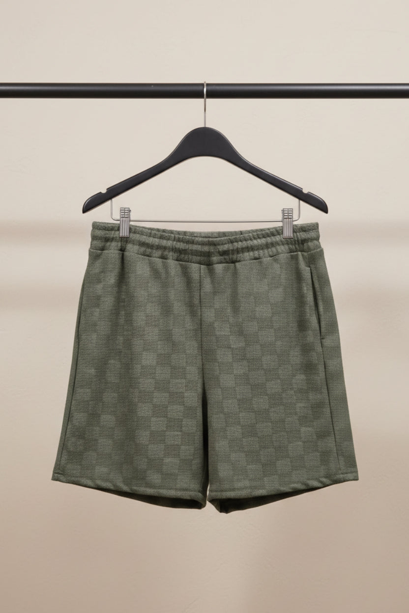 Men's Olive Green Checkered Textured Drawstring Shorts