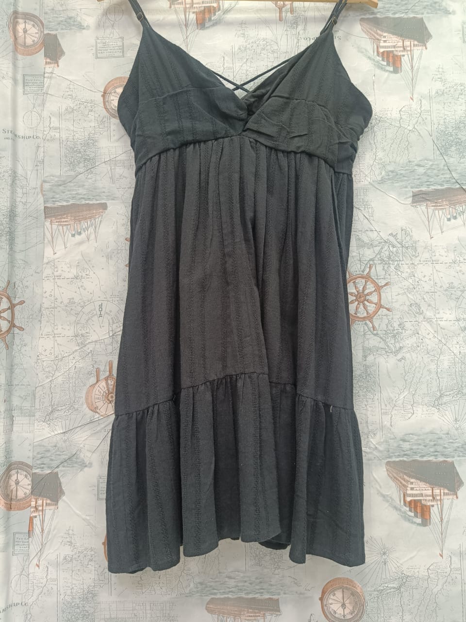 Black Textured Tiered Mini Dress with Criss-Cross Back