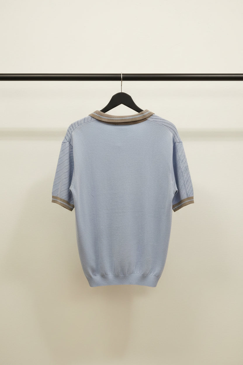 Gucci Men's Light Blue Knitted Polo Shirt with Striped Collar