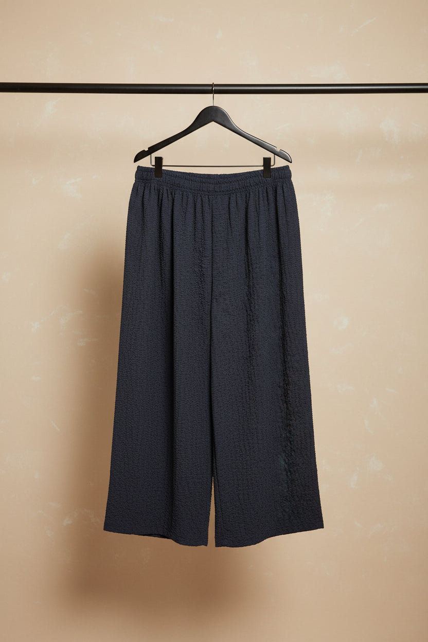 Women's Black Shirred Elastic Waist Wide Leg Trousers