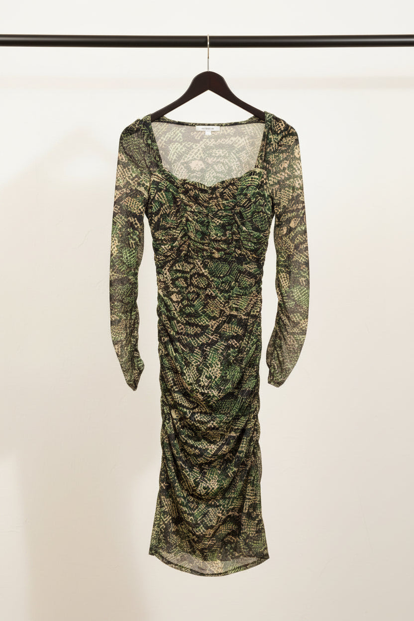 Green Snakeskin Print Ruched Mesh Mini Dress