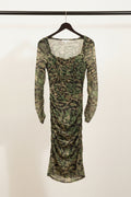 Green Snakeskin Print Ruched Mesh Mini Dress