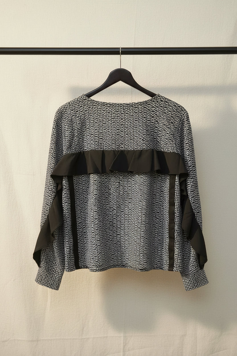 Pepe Jeans London Women's Black & White Printed Ruffled Top