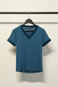 Teal V-Neck Top with Velvet Trim