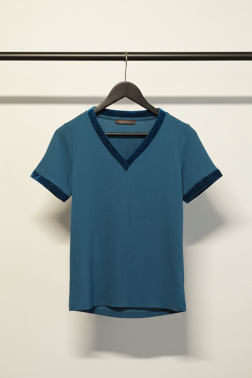 Teal V-Neck Top with Velvet Trim