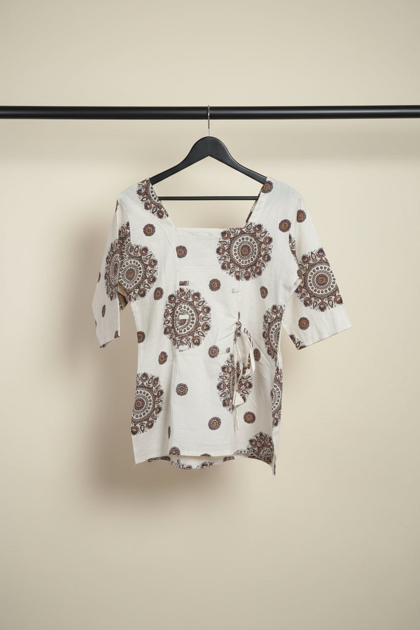 Women's Off-White Printed Cotton Blend Short Kurti Top