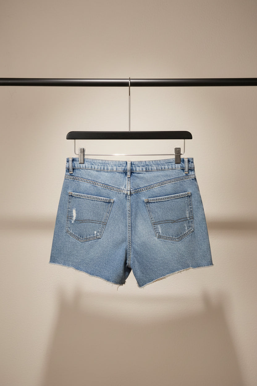 Light blue distressed denim shorts with a raw frayed hem, shown from the back against a red background.