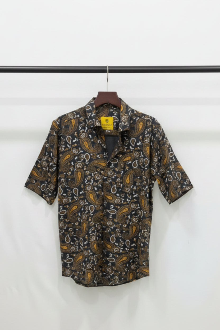 Men's GRASSLAND Black Paisley Print Short Sleeve Casual Shirt