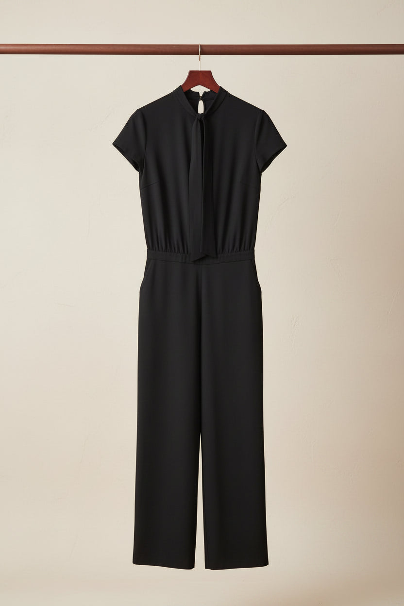 Black Tie-Neck Short Sleeve Jumpsuit
