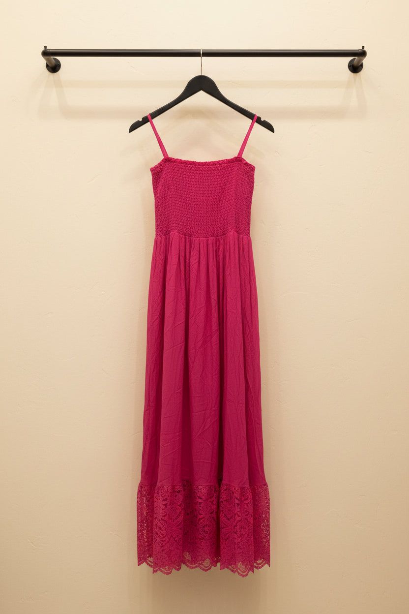 Hot Pink Smocked Bodice A-Line Maxi Dress