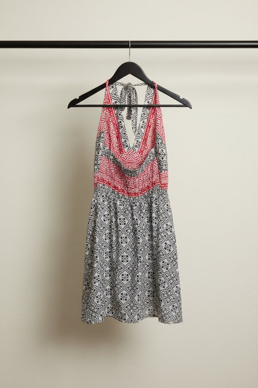 India Town Red Black White Printed Halter Neck Tunic Top
