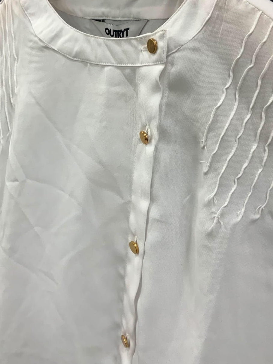 OUTRYT Women's White Long Sleeve Collared Blouse with Gold Buttons