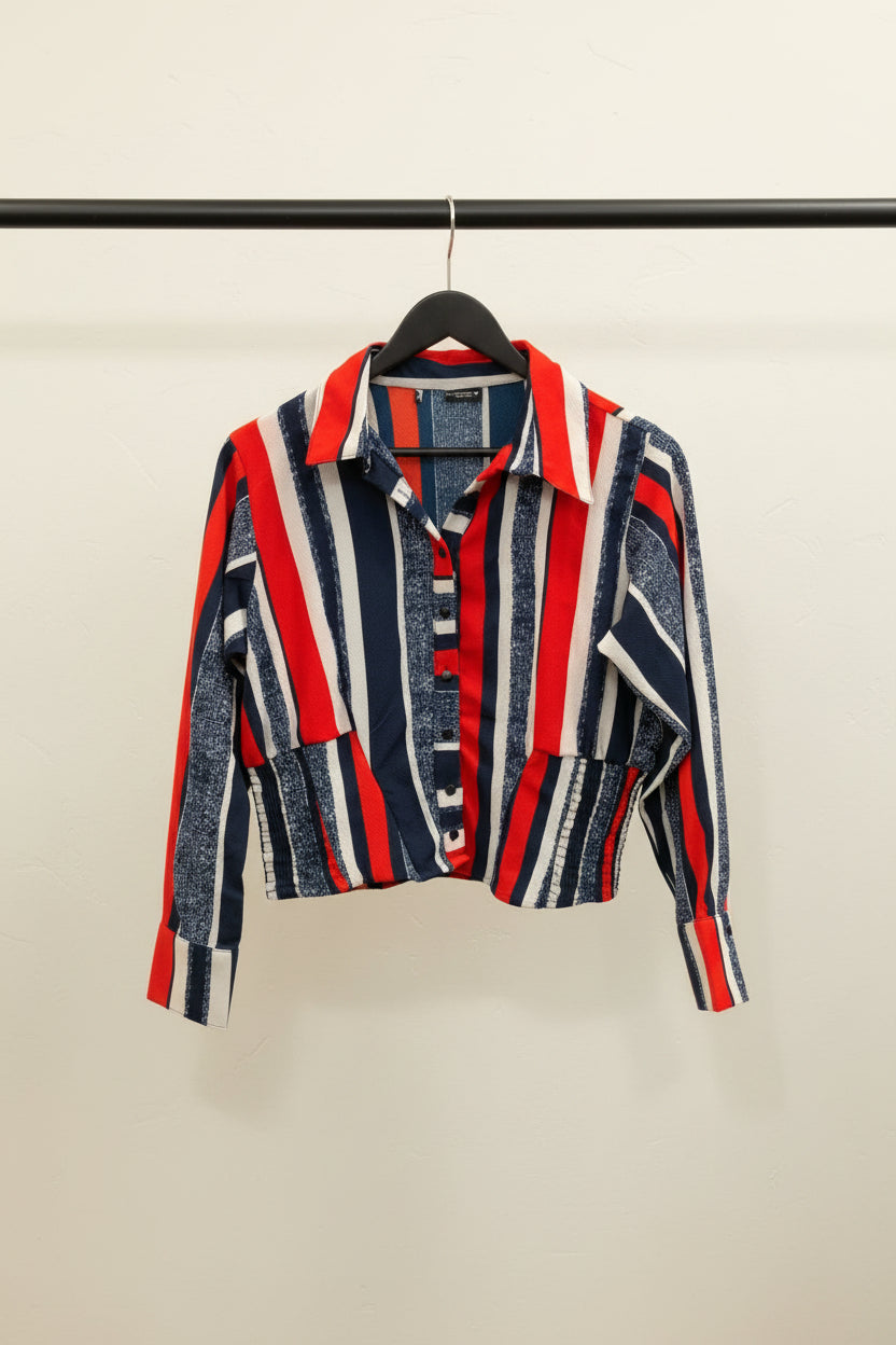 Women's Multicolor Striped Long Sleeve Collared Blouse
