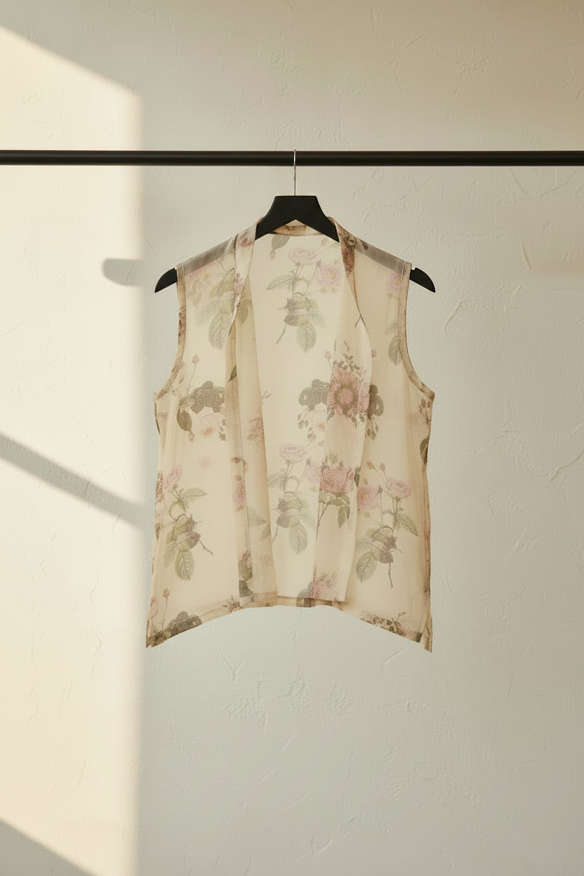 A sleeveless, open-front sheer vest with a pink and green floral print, hanging on a wooden hanger against a dark brown wooden slat wall.