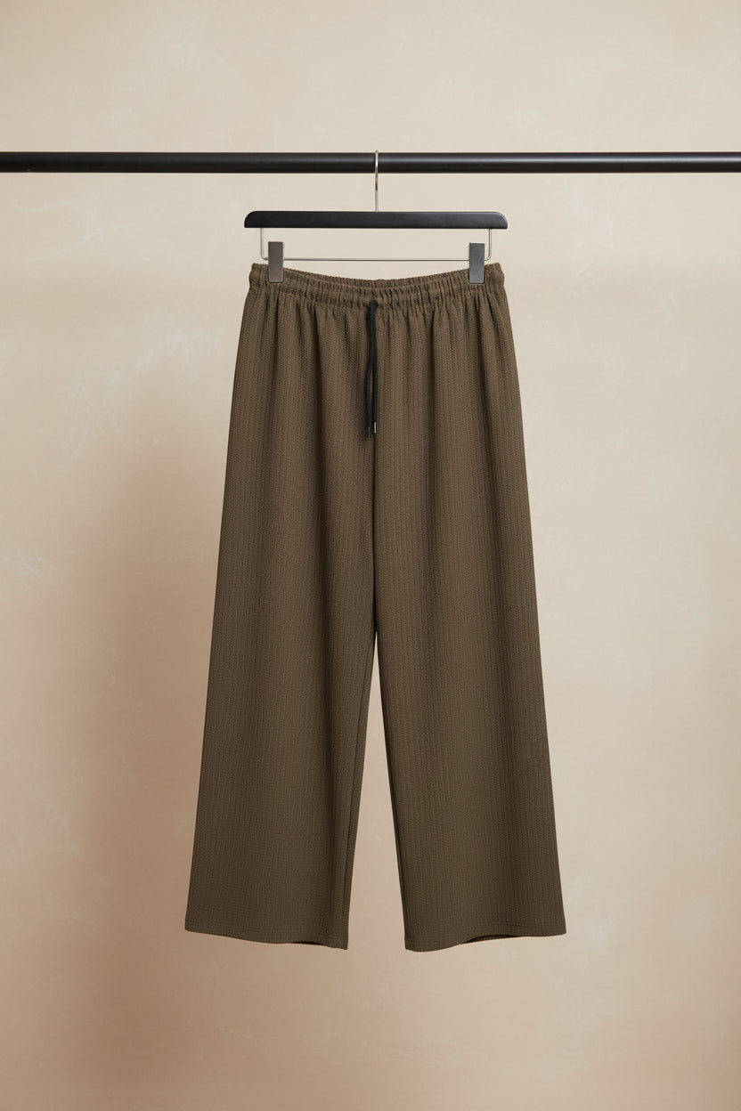 Olive Green Ribbed Knit Wide Leg Trousers with Drawstring Waist