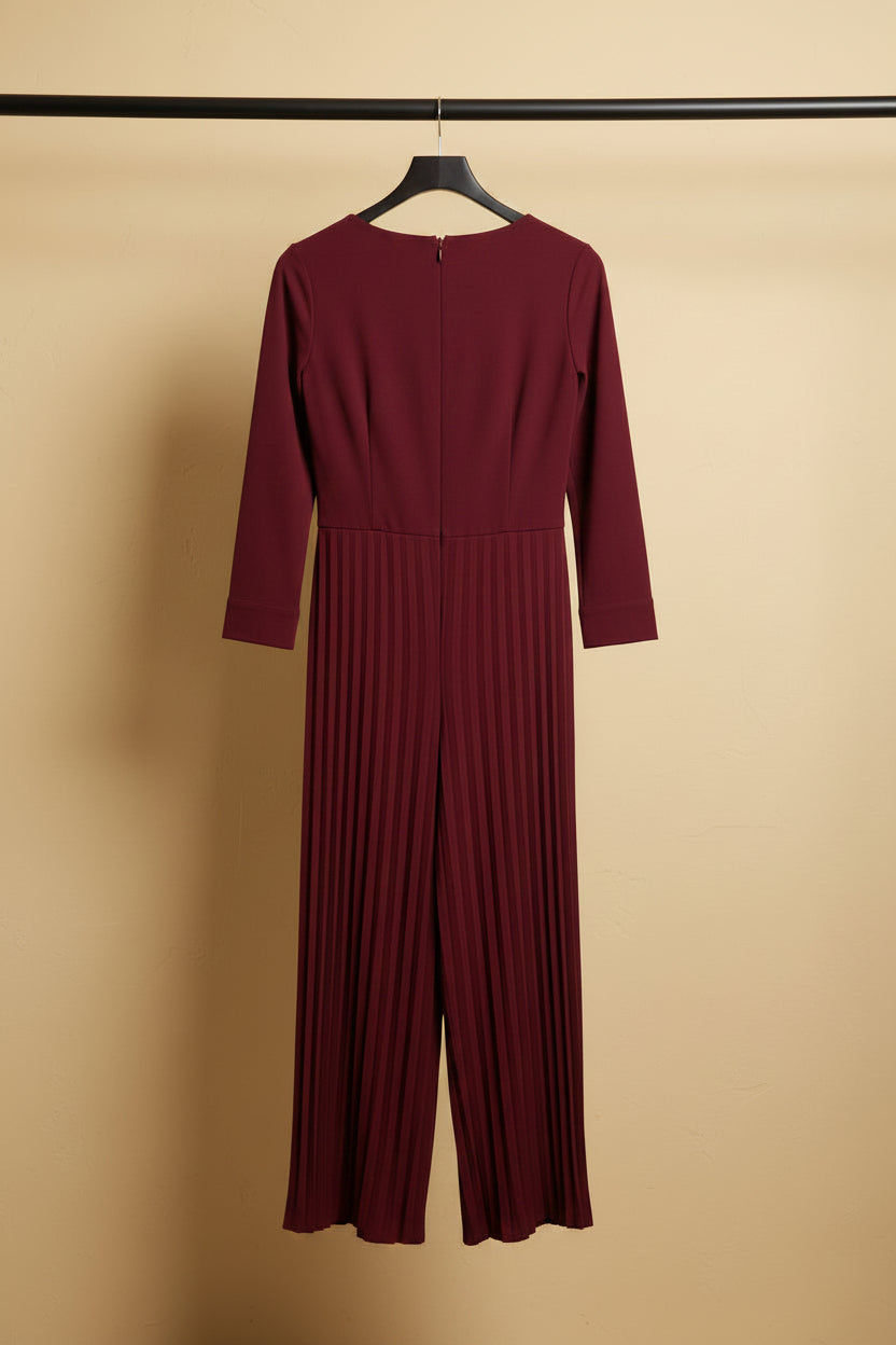 Women's Maroon Pleated V-Neck Long Sleeve Jumpsuit
