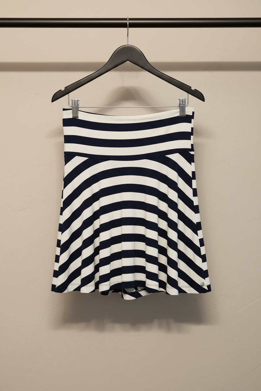 NUON Women's Navy Blue and White Striped A-Line Mini Skirt