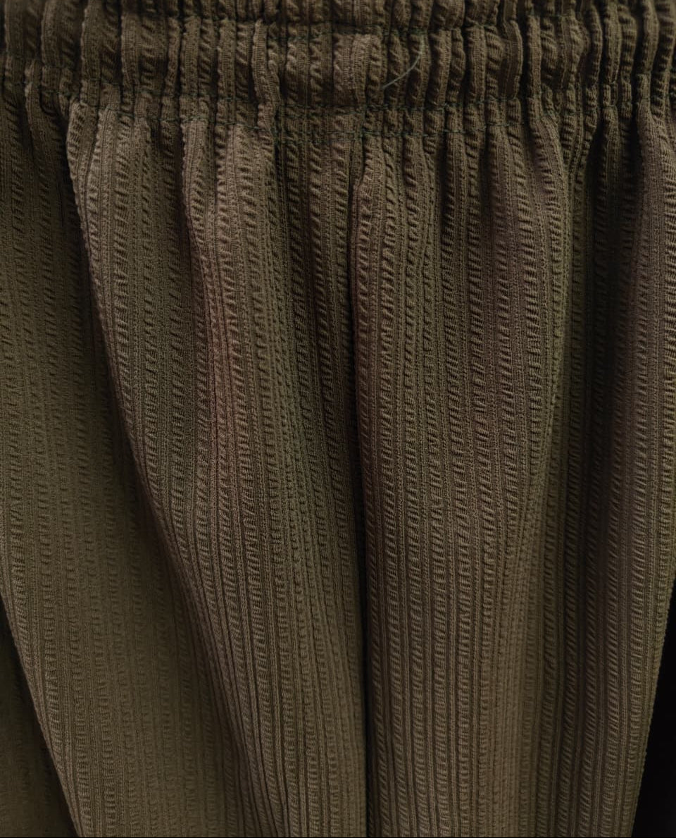 Olive Green Ribbed Knit Wide Leg Trousers with Drawstring Waist
