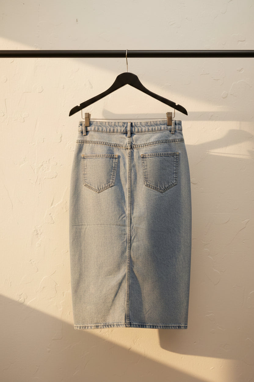 ONLY Women's Sky Blue Denim Midi Skirt with Front Slit