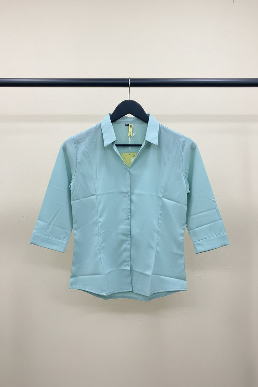 ADDA Women's Mint Green Collared 3/4 Sleeve Button-Up Shirt