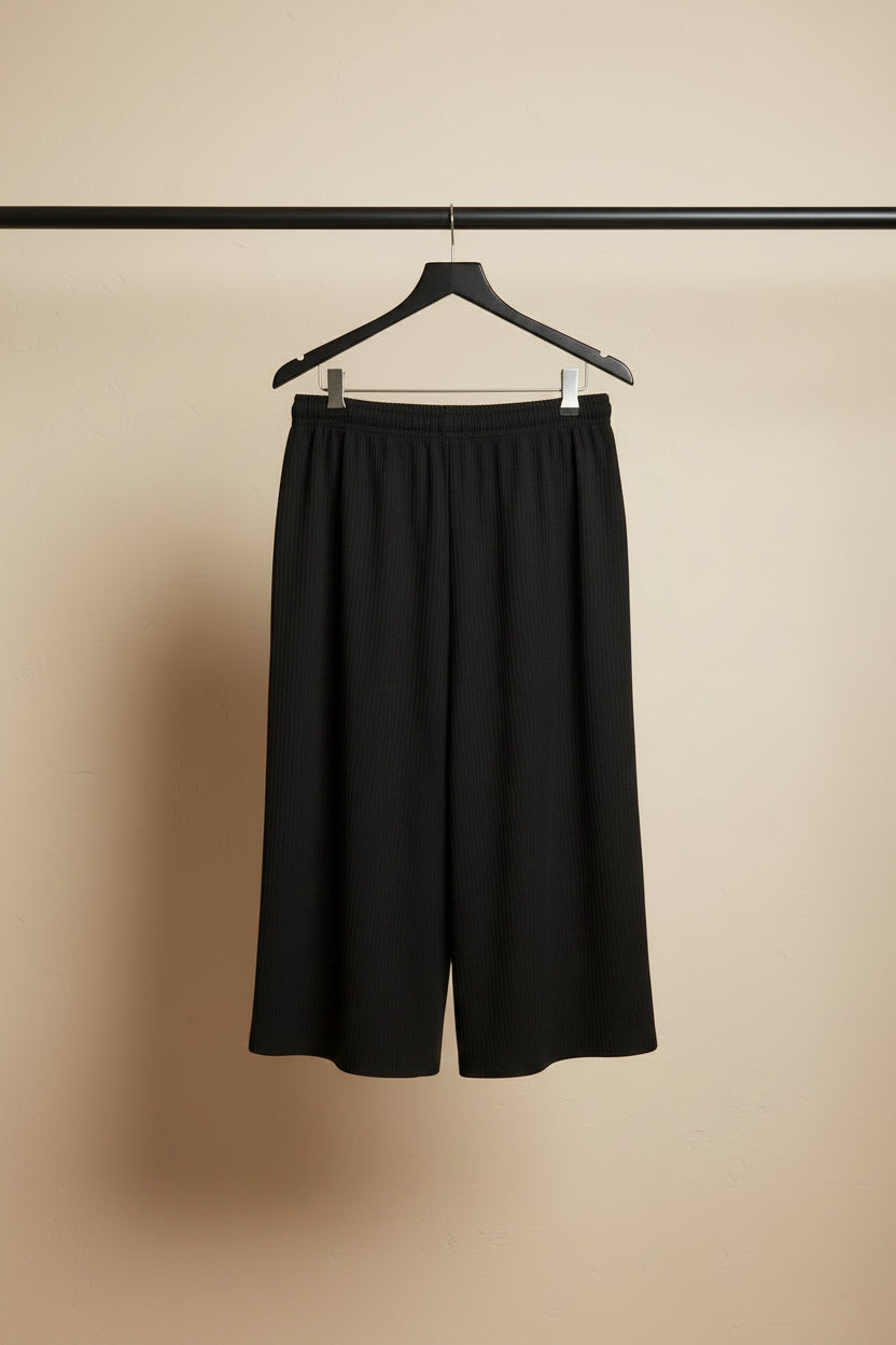 Women's Black Ribbed Knit Free Size Wide Leg Trousers